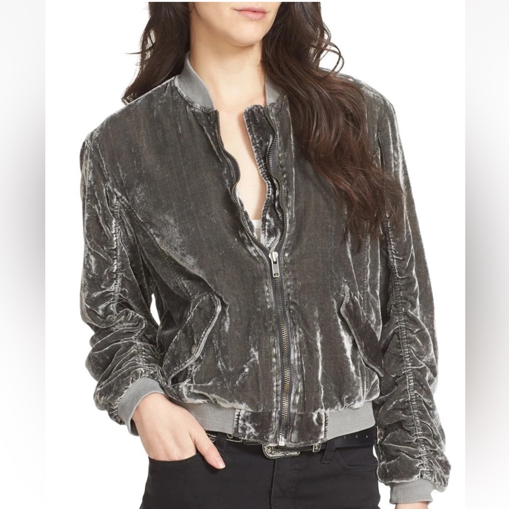 Free People Gray Full Zip Ruched Velvet Bomber Jacket Size Medium Boho Hippie